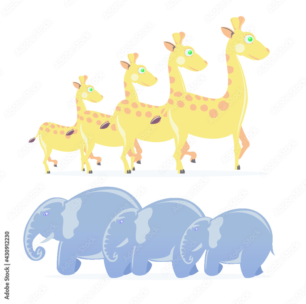 set of giraffe and elephant cartoon illustration isolated on white