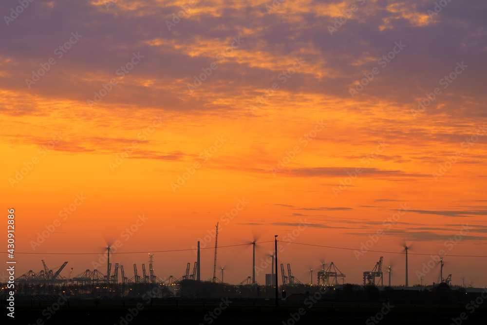 Sunrise in the port of Antwerp