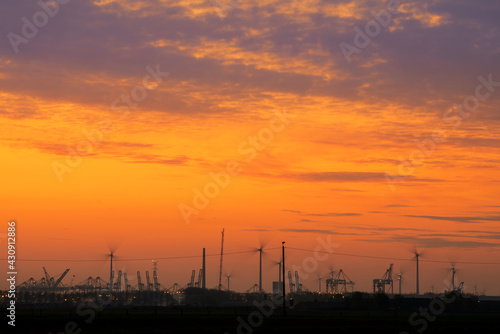 Sunrise in the port of Antwerp