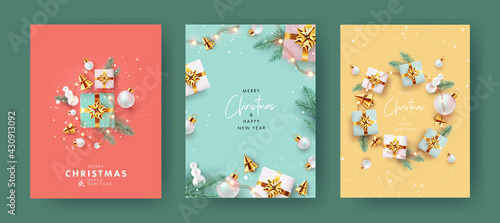 Xmas modern design with 3d realistic golden gift boxes  pine branches  golden conical Christmas trees  balls and falling snow. Christmas Set of greeting cards  posters  holiday covers  web banners