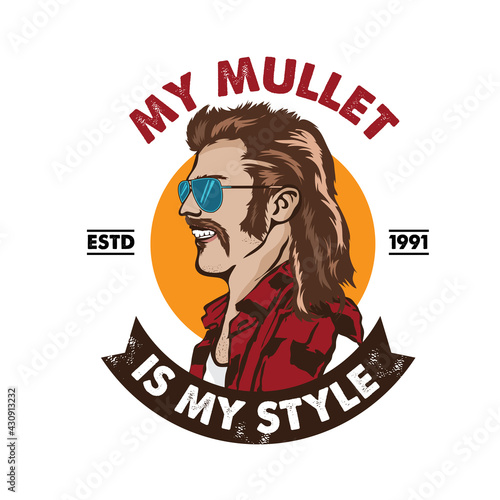  A man with mullet hair style and red neck shirt, good for club logo andtshirt design