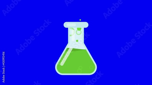 Animation of laboratory beaker being filled with green coloured chemical liquid on a blue background.