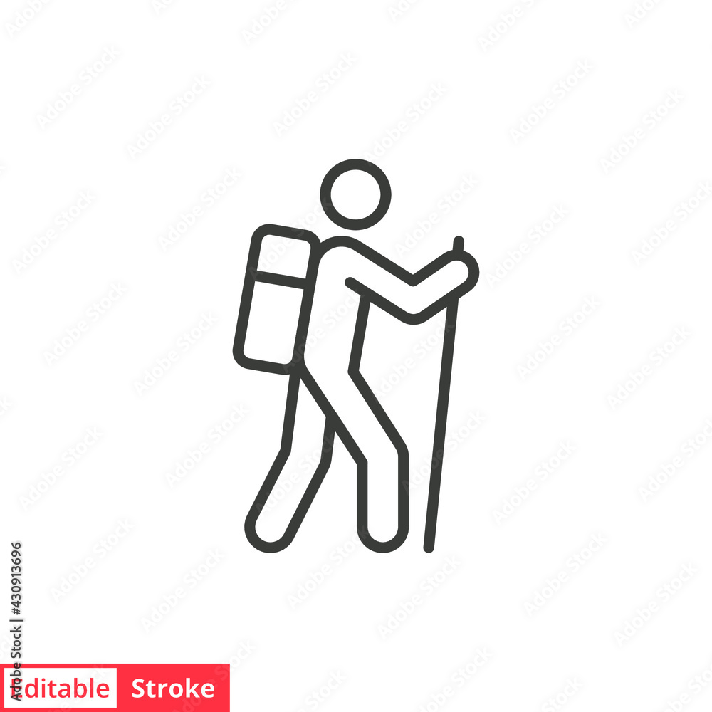 Hiking line icon. Simple outline style. Activity, nature, trekking, walk, adventure concept design element. Vector illustration isolated on white background. Editable stroke EPS 10. Hiking line icon. Simple outline style. Activity, nature, trekking, walk, adventure concept design element. Vector illustration isolated on white background. Editable stroke EPS 10.