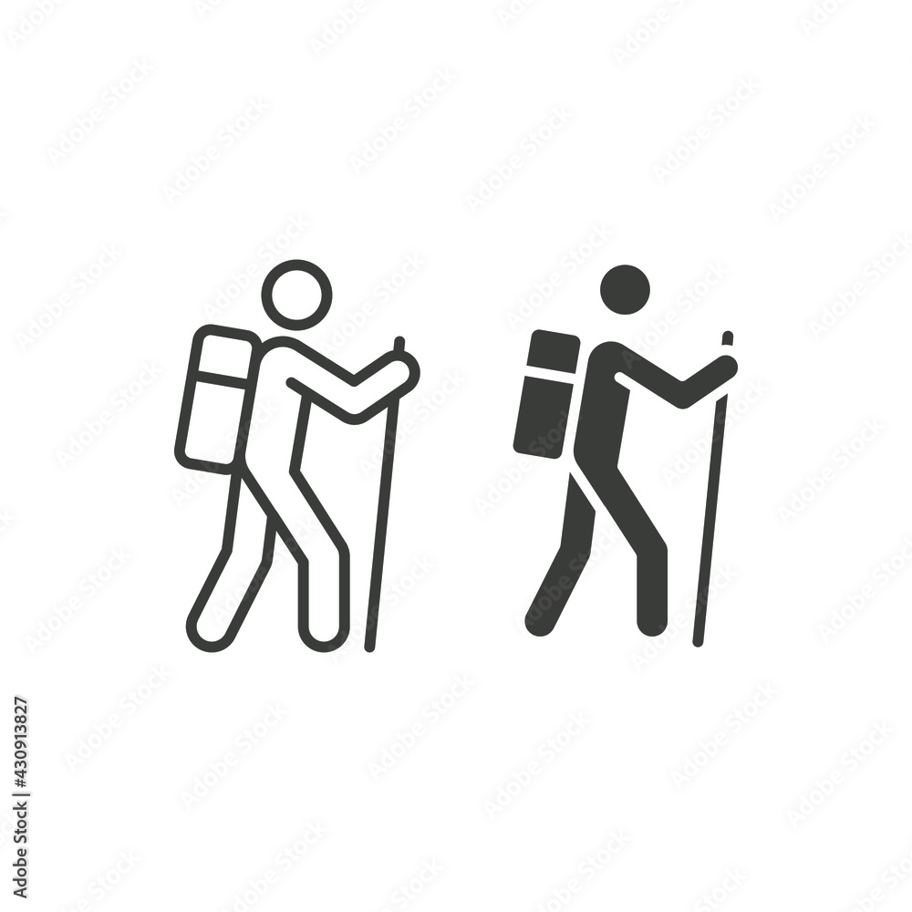 Hiking line and glyph icon. Simple outline and solid style. Activity, nature, trekking, walk, adventure concept design element. Vector illustration isolated on white background. EPS 10. Hiking line and glyph icon. Simple outline and solid style. Activity, nature, trekking, walk, adventure concept design element. Vector illustration isolated on white background. EPS 10.