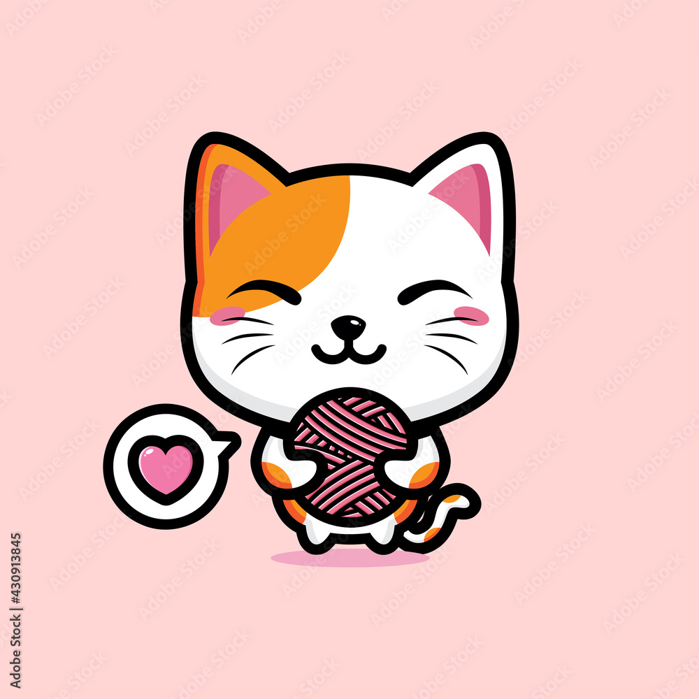 cartoon cute fortune cat vector design is holding a spool of yarn