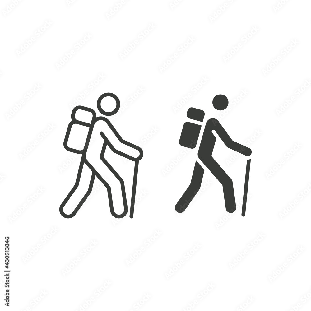 Hiking line and glyph icon. Simple outline and solid style. Activity, nature, trekking, walk, adventure concept design element. Vector illustration isolated on white background. EPS 10. Hiking line and glyph icon. Simple outline and solid style. Activity, nature, trekking, walk, adventure concept design element. Vector illustration isolated on white background. EPS 10.