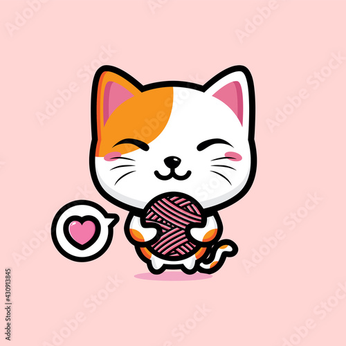 cartoon cute fortune cat vector design is holding a spool of yarn