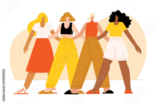 Group of diverse young women standing together. Woman solidarity and power concept. Hand drawn girls characters colorful vector illustration.