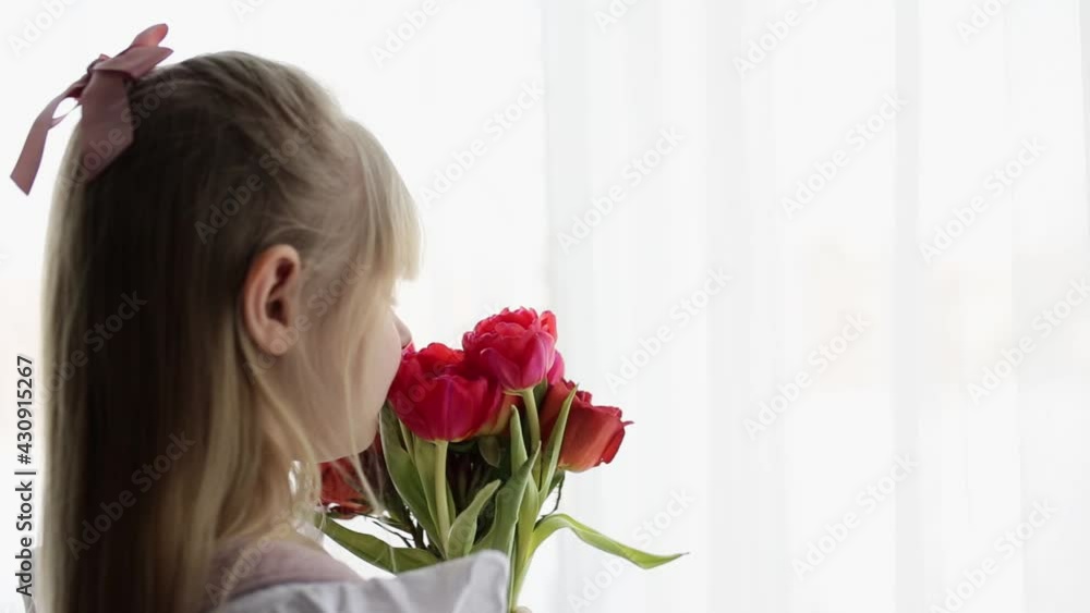 Small smiling girl holding and sniffing bouquet of red tulip flowers. Concept for greeting card for Easter, Mother's day, International women's day, Saint Valentine's day Small smiling girl holding and sniffing bouquet of red tulip flowers. Concept for greeting card for Easter, Mother's day, International women's day, Saint Valentine's day