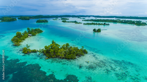 Aerial shot of small islands in the south east of Choiseul province, Solomon Islands.