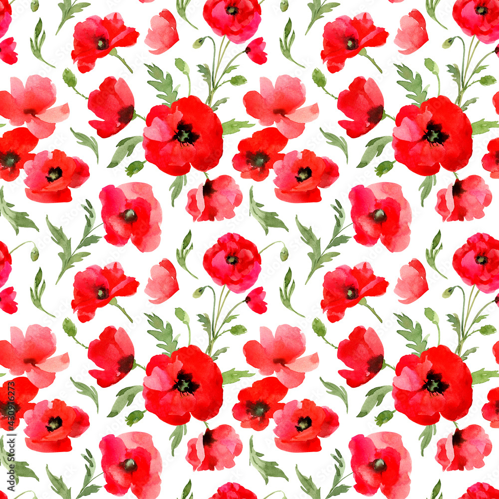 Red poppies seamless pattern. Floral watercolor wallpaper, fabric, wrapping paper, fashion, cards