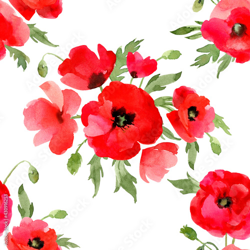 Red poppies seamless pattern. Floral watercolor wallpaper  fabric  wrapping paper  fashion  cards