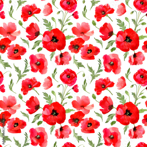 Red poppies seamless pattern. Floral watercolor wallpaper  fabric  wrapping paper  fashion  cards