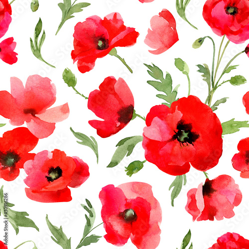 Red poppies seamless pattern. Floral watercolor wallpaper, fabric, wrapping paper, fashion, cards © Elena