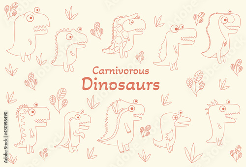 Fototapeta Naklejka Na Ścianę i Meble -  Cute carnivorous dinosaurs and tropical plants. Collection of cute dino cartoons. Hand drawn doodle vector set for kids