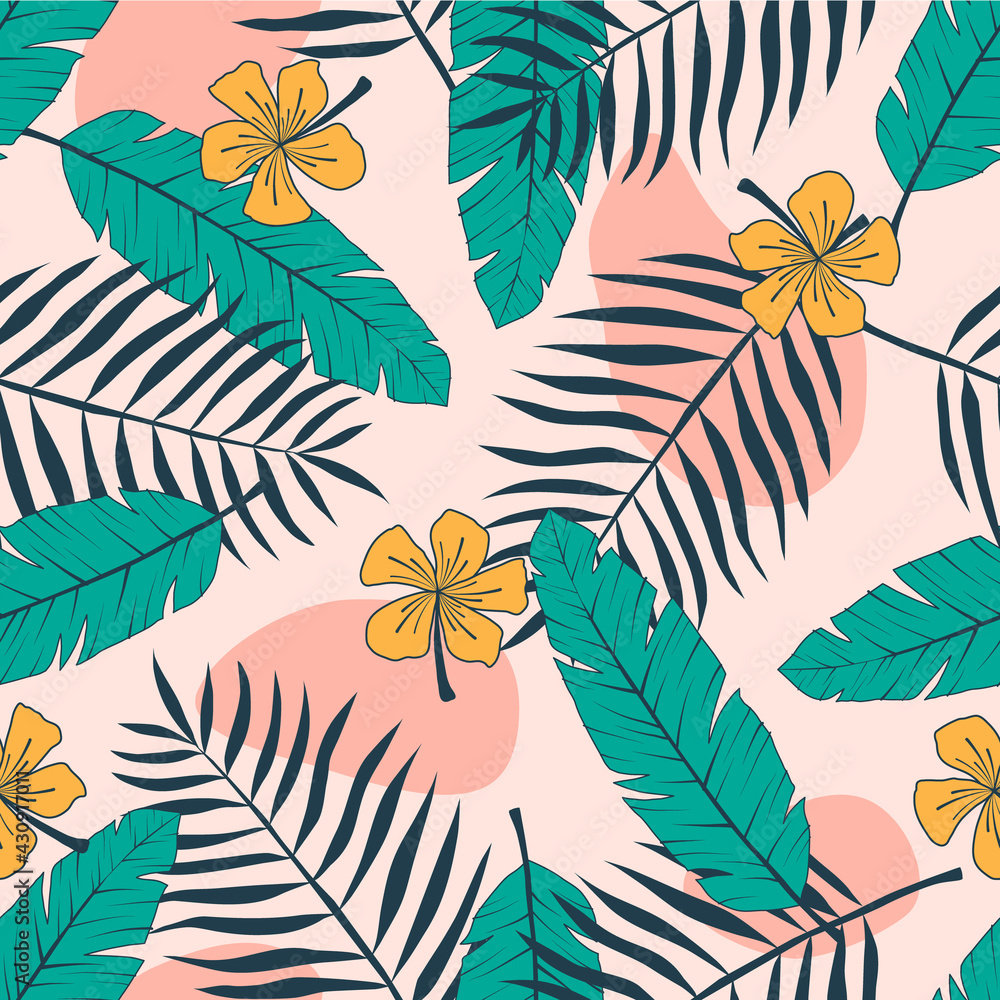 Fototapeta premium Seamless pattern of exotic tropical plants and flowers. Colorful summer background with leaves and flower. Hand drawn vector illustration.