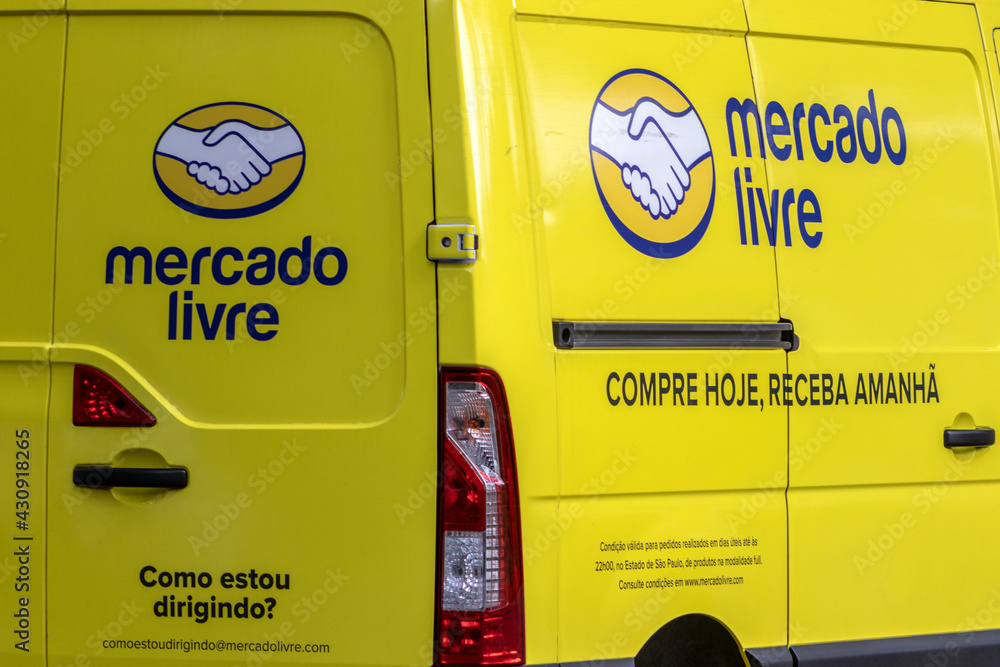 Sao Paulo, Brazil April 27, 2021. Van from the Mercado Livre company parked  in a street for delivering parcels in Sao Paulo. Stock Photo | Adobe Stock