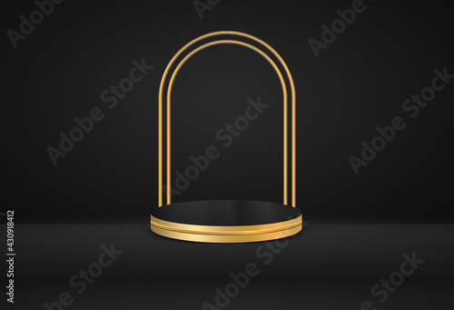 3d rendered gold podium for product display with dark black background