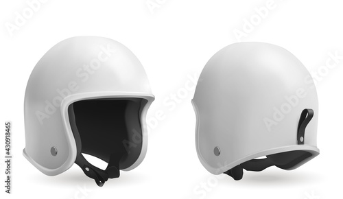 Motorcycle helmet, retro biker headwear, vintage accessory of round shape, driver hat of white glossy surface, soft black lining and belt front and back angle view, Realistic 3d vector illustration