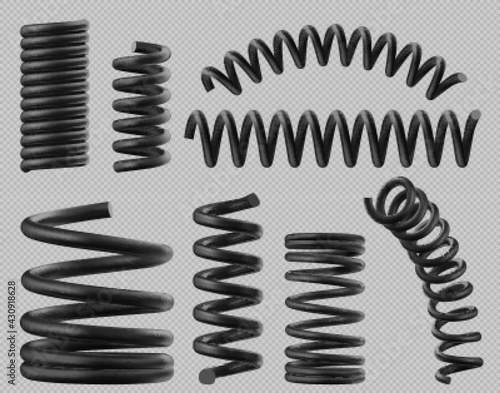 Black spring coils, flexible spiral metal wire. Vector realistic set of plastic or steel elastic springy coils different shapes for suspension or machine absorber isolated on transparent background