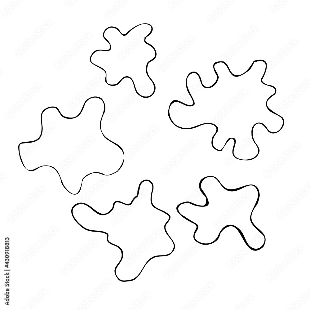 A set of spots or blots of different shapes, hand drawing black outlines. Isolated vector illustration, simple cartoon line art. A set of spots or blots of different shapes, hand drawing black outlines. Isolated vector illustration, simple cartoon line art.