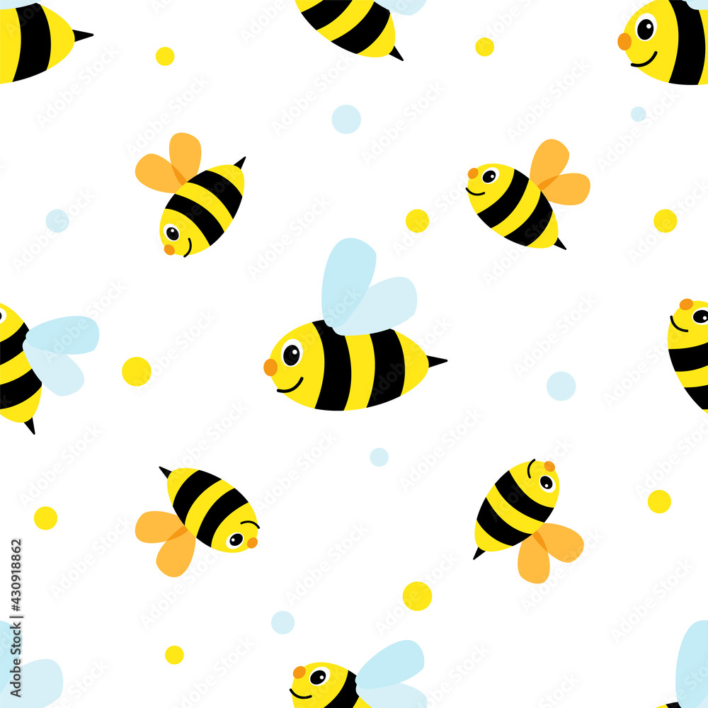 Funny yellow bee character. Children repeating pattern with cheerful bee.