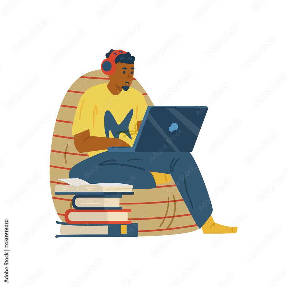 Man studying remotely or taking part in online webinar, flat vector isolated.