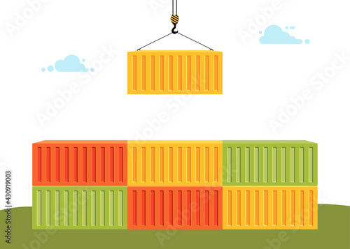concept of worldwide delivery by marine transport or goods to world. Port crane lifts yellow container.