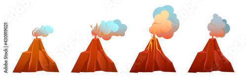 Volcanic eruption in different stages. Volcano erupts with flow lava, fire and clouds of smoke, ash and gases. Vector cartoon set of mountain with crater and hot magma isolated on white background