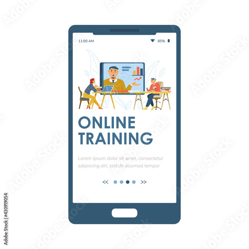 Online training mobile page with people at webinar, flat vector illustration.