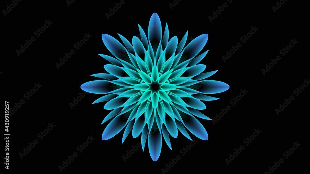 Blue neon flower for abstract art on dark background. Glow bloom. 