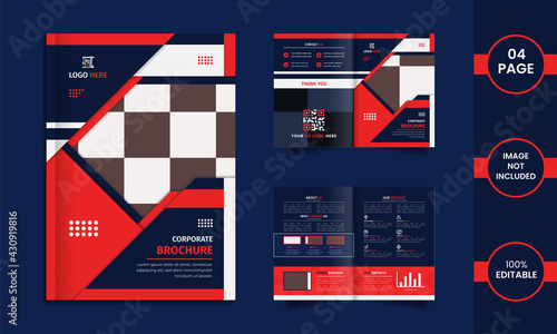 Corporate 4 page brochure design with red and blue color geometric shapes and data.