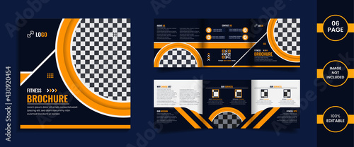 Gym 6 page square trifold brochure design template with yellow color abstract shapes and data.