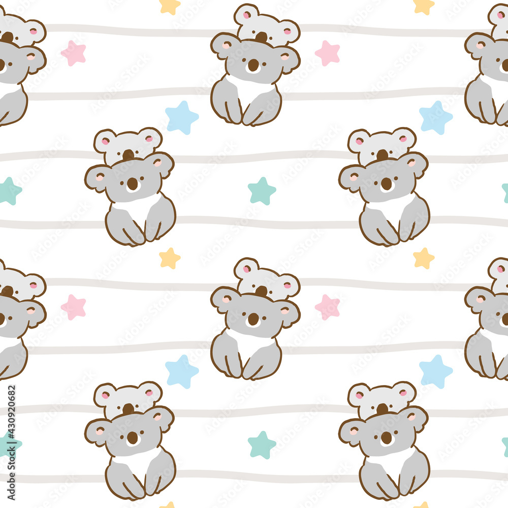 Seamless Pattern of Cartoon Koala Bear Illustration Design on White Background with Grey Wavy Lines and Pastel Stars