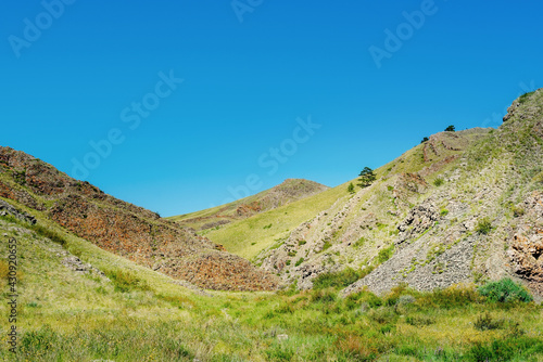 A mountain range with protruding ancient stones and Uytag deposits, ridges of stone slabs and a lone pine tree at the top 