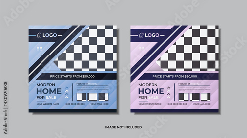 Modern Home for sale real estate social media post design 2 in 1 pack with blue  and lite pink color abstract shapes.
