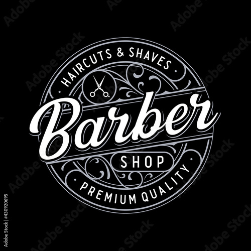 Barbershop vintage circle badge logo with floral ornament