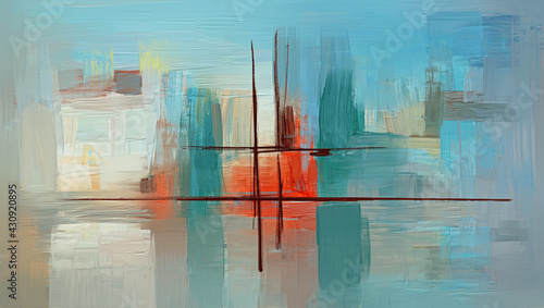 Abstract acrylschilderij. Surrealistisch kleurrijk landschapskunstwerk in eigentijdse stijl met reflecties. Moderne kunst op hemelsblauwe achtergrond.