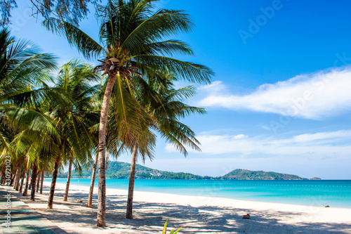 Fototapeta Naklejka Na Ścianę i Meble -  Scenic Seascape with Turquoise Andaman Sea of Patong Beach in Covid-19 Summer, Patong, Phuket, Thailand 