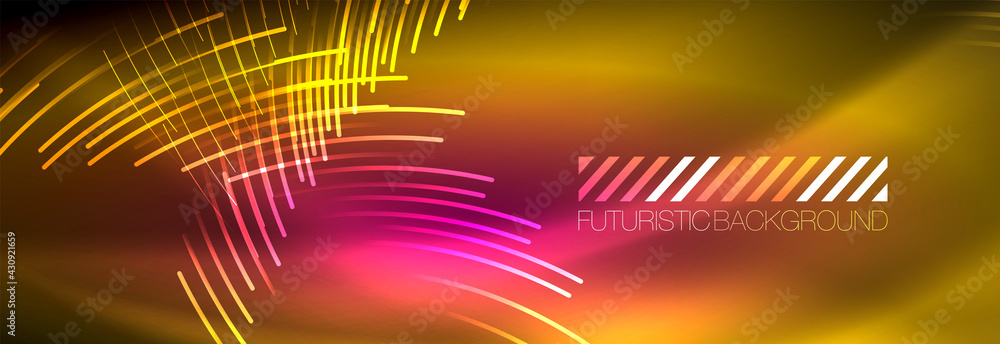 Neon glowing lines, magic energy and light motion background. Vector wallpaper template Neon glowing lines, magic energy and light motion background. Vector wallpaper template