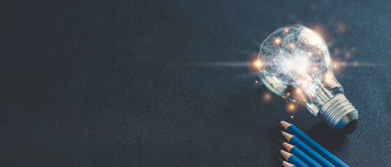 Pencil with glowing light bulb and futuristic brain icon. Self learning or education knowledge and business studying concept. Idea of learning or studying at home