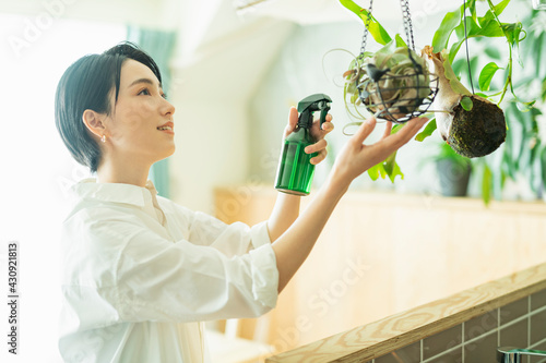出勤前に観葉植物に水をやる女性