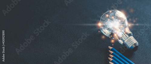 Pencil with glowing light bulb and futuristic brain icon. Self learning or education knowledge and business studying concept. Idea of learning or studying at home
