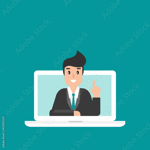 businessman or attorney on computer screen. flat vector illustration on blue background.