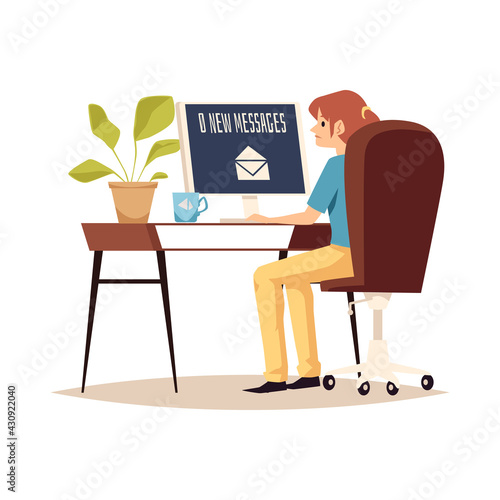 Lonely woman upset about a lack of messages, flat vector illustration isolated.