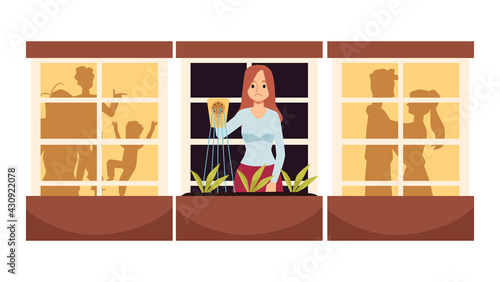 Lonely single woman standing upset, flat vector illustration isolated.