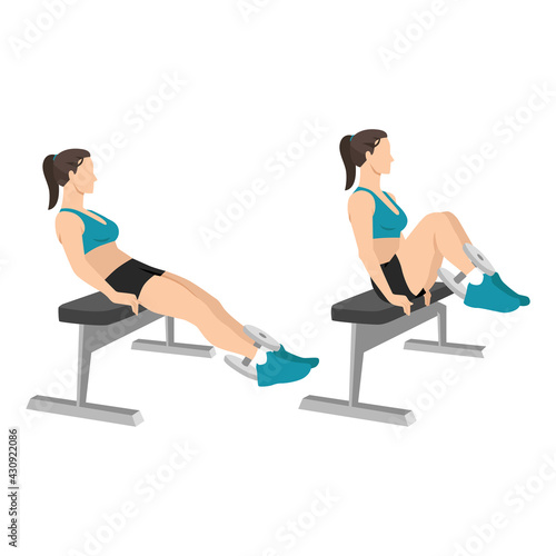 Woman doing dumbbell weighted leg pull-ins exercise flat vector illustration isolated on white background