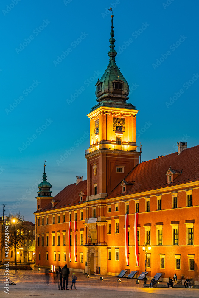 Evening view of Royal Castle, Zamek Krolewski, at Castle Square in Starowka Old Town historic district of Warsaw, Poland