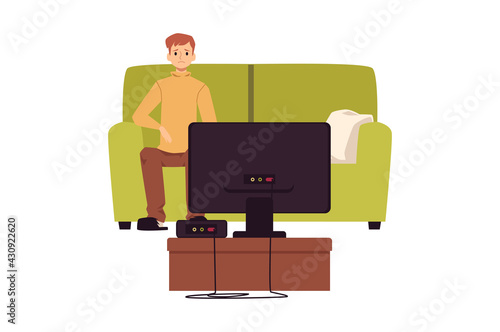 Lonely unhappy man sitting in front of TV, flat vector illustration isolated.