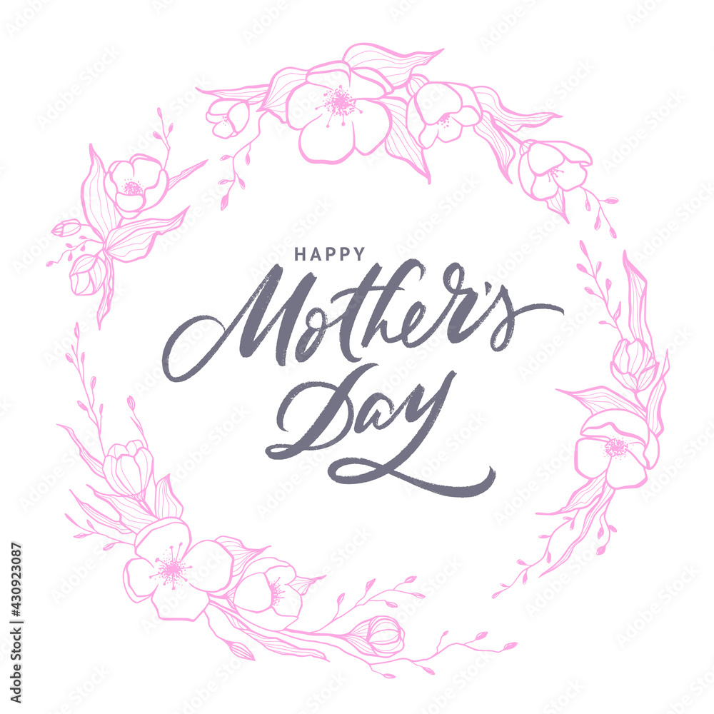 Mother’s Day greeting card. Gentle floral pink frame isolated on white background. Lovely hand drawn wreath design.